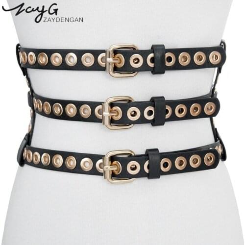ZAYG The New Fashion Black Waist Belt for Women Buckle Fasten Gothic Punk Corset Belt Club Rock Hollow Rivets Corset Accessories