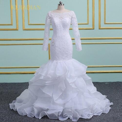 Luxury mermaid Wedding Dresses long sleeve court train 2021 Sexy tiered ruffles bridal Gown Wedding Gowns white vestido de noiva