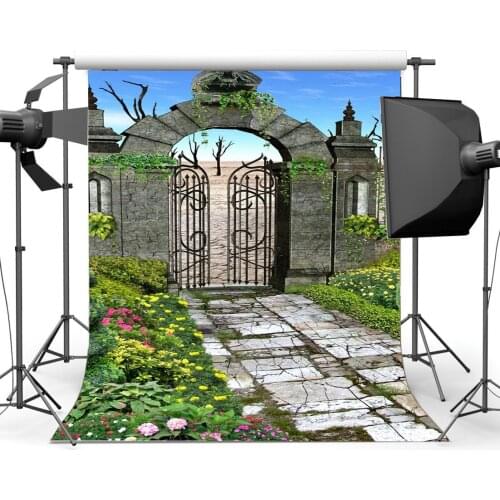 Fairytale Garden Backdrop Weathered Arch Gate Backdrops Countyard Fresh Flowers Green Grass Meadow Background