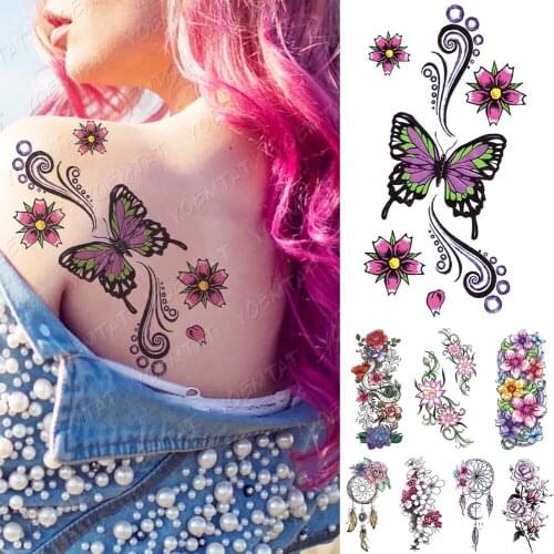 Waterproof Temporary Tattoo Sticker Butterfly Sakura Dreamcatcher Tattoos Rose Flowers Body Art Arm Fake Sleeve Tatoo Women Men