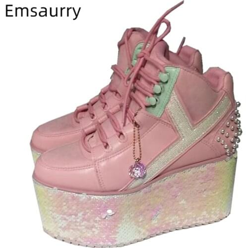 Unique Bling Sequins Flat Platform Shoes Woman High Wedges Round Toe Lace-Up Pearl Decor Sweet Pink Casual Shoes Women