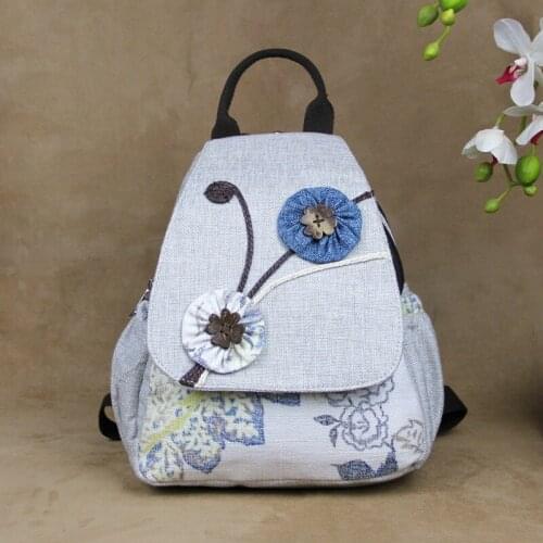 Women Chinese Linen Backpack Casual Floral Print Retro Art Shoulder Bag Retro Rucksack