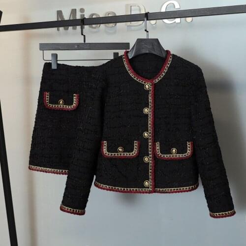 2021AW Autumn Fashion New Women Black Tweed Jacket Coat + A-Line Casual Skirt Sets Female Luxury 2 Piece Suits MS 9.02