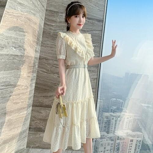 French Hollow Ruffles Dress Women O Neck Puff Sleeve Lace Up Solid A-line Dresses Summer Elegant Streetwear Midi Dress