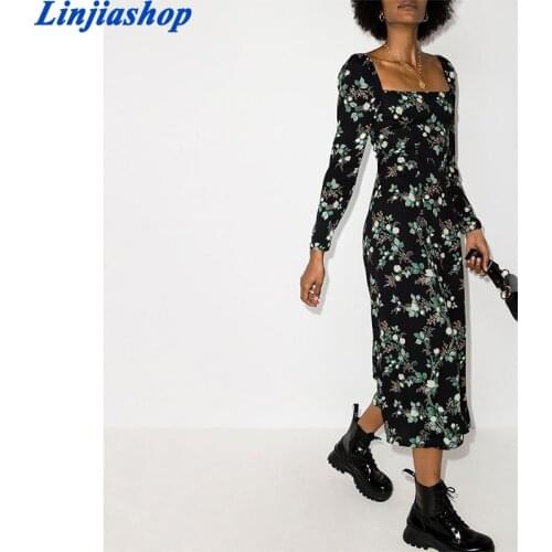 Spring Long Sleeve Women Midi Dress Vintage Green Leaf Floral Print Black Dress France Chiffon Vestido
