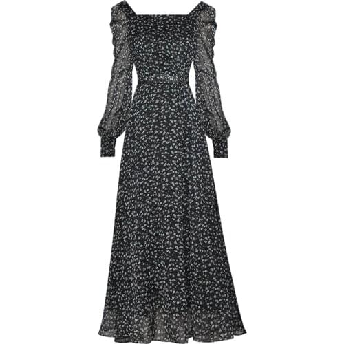 Designer High Quality 2021 Autumn New Womens Fashion Party Casual Bohemia Sexy Beach Vintage Elegant Chic Print Chiffon Dress