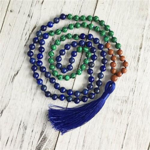 108 Mala Beads Necklace Malachite & Lapis Lazuli Necklace Hand Knotted Tassel Necklaces Prayer Meditation Jewelry