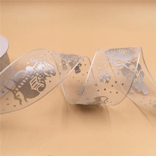 N1128 38mm X 25yards Wired Edges Silver Snowman Organza Sheer Ribbon .Gift Bow,Wedding,Cake Wrap,Tree Decoration,Wreath