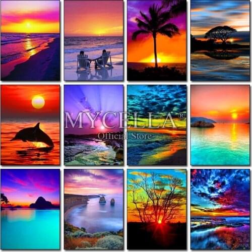 Diamond Embroidery Sea Sunset Scenery Diamond Arts Cross Stitch Diy Diamond Painting Dolphin Rhinestones Full Drill Needlework