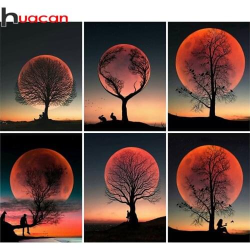 Huacan 5d Diamond Painting Full Red Moon Scenery Mosaic Embroidery Tree Night Landscape Cross Stitch Home Decor Wall Stickers
