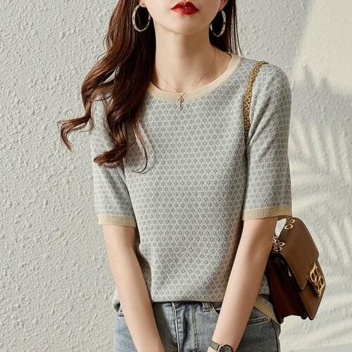 Alien Kitty Short-Sleeved Blouse Womens Summer New Style Print Elegant Contrast Color And Thin Outer Wear Base Pullover Sweater