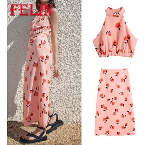 FELIN Za Holiday Styles Women Suits Floral Sleeveless Backless Cropped Tops Mujer and High Waist Midi Skirts Stylish Boho Sets