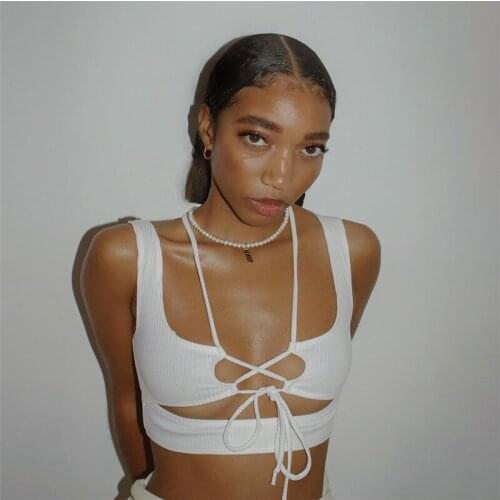 Hirigin 2021 Summer Women Y2K Fashion Solid Color Vest Sexy V-neck Hollow Bandage Exposed Navel Sleeveless Exposed Navel Tops