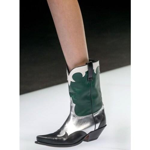 Hot Women Short Boots Low Heel Calf Boots Slip On Colorblock Snow Boots Leather Winter Shoes