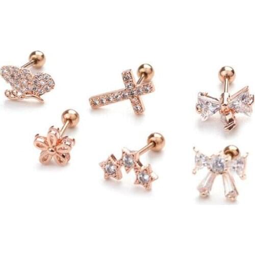 JINGLANG New Product Stainless Steel Thin Rod Screw Earrings Bowknot Pendant Zircon Foreign Trade Simple Ear Piercing Jewelry