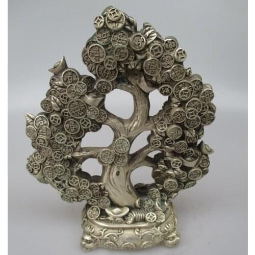 Collectible Decorated Old Handwork Tibet Silver Carved Lucky Coin Tree Statue/ Ready source of money Sculpture