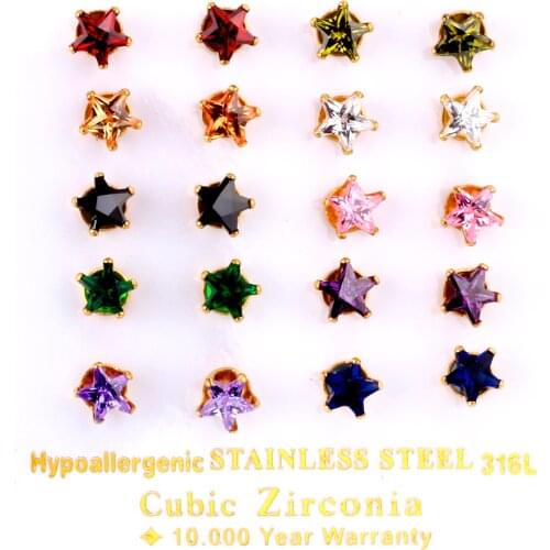 LUXUKISSKIDS 10Pairs/Pack Five-Stars Cubic Zirconia CZ Earring Mix Color Stud Earrings For Women Jewelry