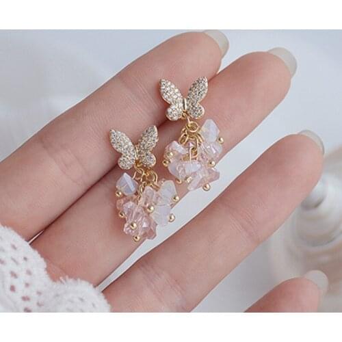 Fashion Jewelry Micro-inlaid Zircon Butterfly Pink Crystal Luxury Summer Stud Earrings for Woman Simple Daily Earring