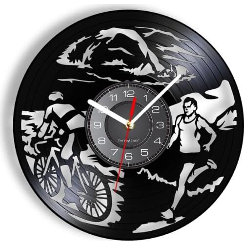 Triathlon Athletic Competition Vinyl Record Wall Clock Triathlete Decor Swimming Cycling Running Multisport Modern Hanging Watch