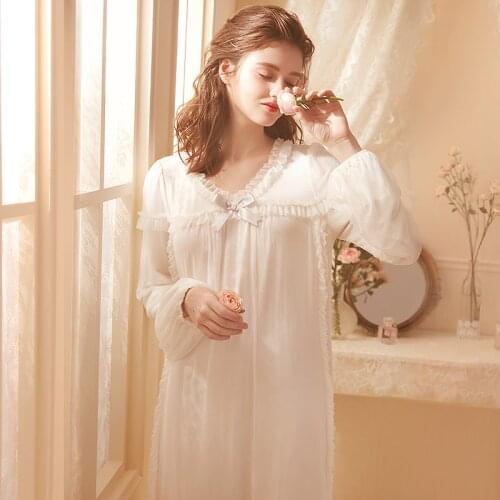 Night Wear Pink White Nightgown Lace Long Nightgown Long Sleeve Sleepwear Elegant Romantic Nightgown Women Sleep Wear