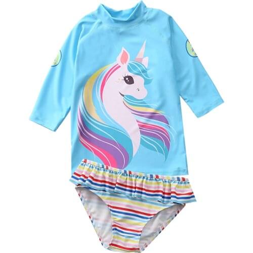 New 2020 Girls Rash Guards 2~10Y Baby Girls Ins Unicorn Swimwear Kids Swimwear Long sleeves Children Swimwear Bathing suit-SW459