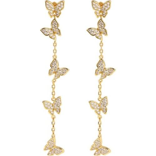 Top Quality Cute Chain Tassel Style Fashion Pave Premium CZ Crystals Butterfly Stud Earrings For Women