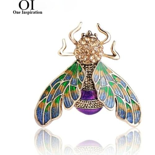 OI Beautiful Green Purple Enamel Insect Bee Brooch Crystal Gold-color Alloy Metal Brooches For Shoulder Scarf Sweater Pins