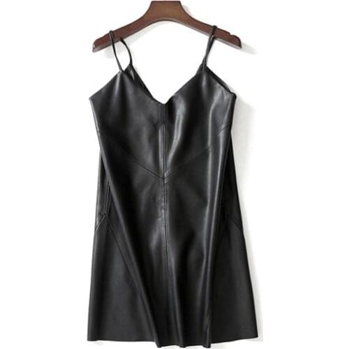 New Womens Leather Dress Casual 2021 Spring V-neck PU Leather Strap Dresses Black Sexy Female Above Knee Pullover Shorts Dress