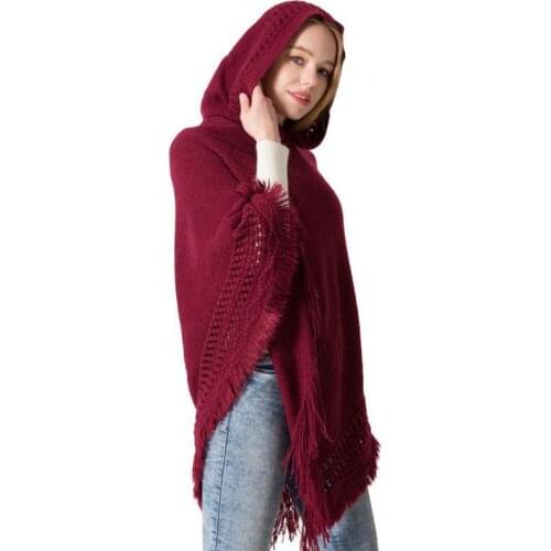 Autumn Winter New Knitted Cashmere Ponchos Capes Hooded With Tassel Shawl Cloak Solid Fashion Female Pullover Pashmina Tippet