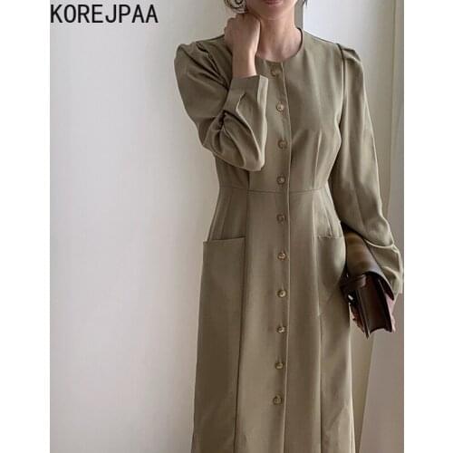 Korejpaa Elegant Women Dress Autumn Korea Fashion Female Single Breasted O-neck Long Sleeve Slim Waist Double Pockets Vestidos