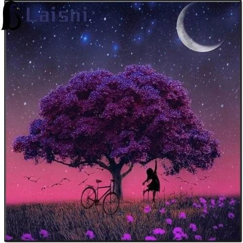 Romantic night purple landscape bicycle little girl and tree full square round diamond embroidery Valentines Day present