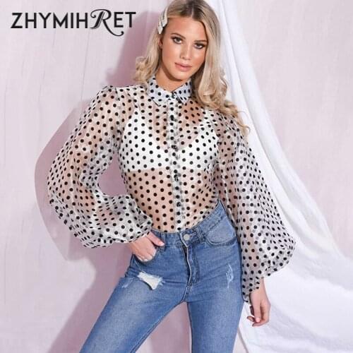 ZHYMIHRET Casual Polka Dot Mesh Blouse Shirt Women 2021 Long Lantern Sleeve Tops And Blouses See Through Blusas Mujer De Moda