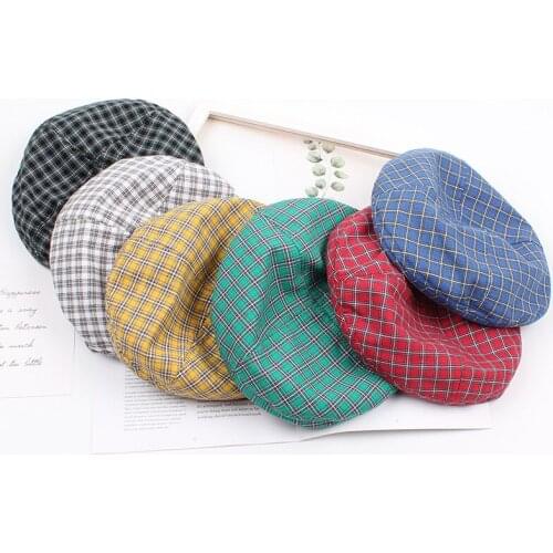Women Hat Female Summer Korean Version Wild Fashion Plaid Painter Hat Small Fresh Art and Simple Student Outing Beret Caps