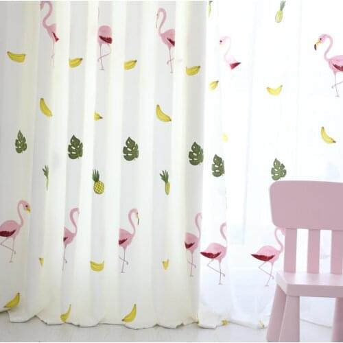 Flamingo Embroidered Curtains for Kids Living Room Leaves Tulle Window Curtain for Childrens Bedroom Window Treatment Drape
