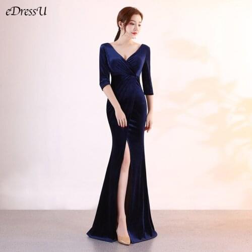 2020 Velvet Evening Dress Sexy Slit Party Dress Dark Blue Mermaid Vestido de Fiesta Robe de Soiree Formal Prom Dress YNY-1553