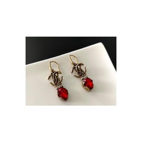 Vintage Brass Double Snake Crystal Gem Pendant Earrings