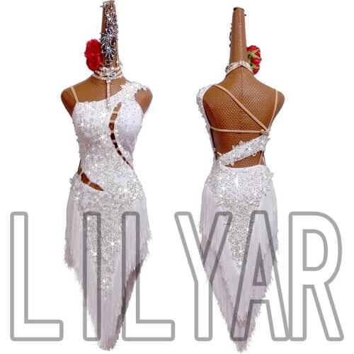 New Latin dance skirt competition skirt performance Skirt Adult custom white tassel hollow sexy dance skirt