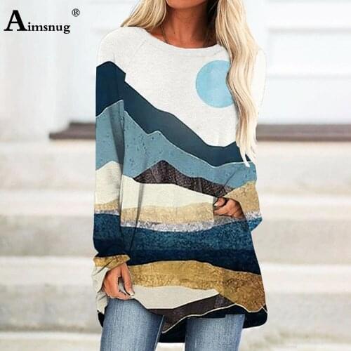 Plus Size Ladies Elegant Leisure Casual T-shirt Landscape Print Tops Loose Women Clothing 2021 New Spring Tees shirt Femme 3XL