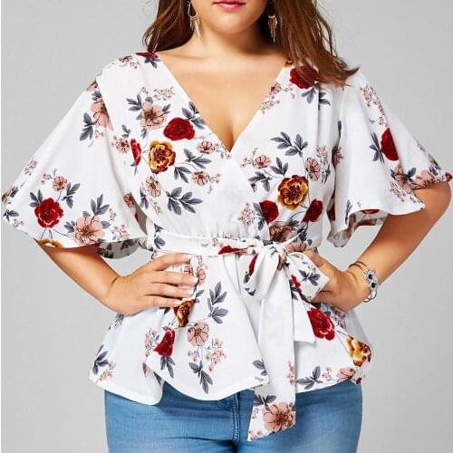 Fashion Womens Floral Print Tshirt Plus Size Belted Surplice Peplum V-neck Fashion Women Tops Camiseta Mujer Verano#PY