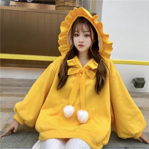 Female Clothes Winter Harajuku Girl Tops Autumn Women Sweatshirt Loose Solid Kawaii Ladies Hoodies Large Size Bow-Knot Christmas