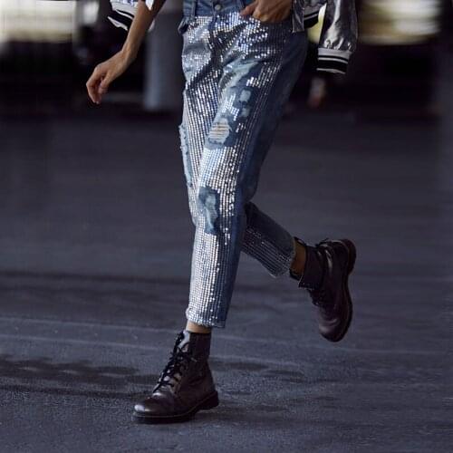 2020 Spring Sequins Ripped Jeans Women Hole Denim Ankle-Length Pants Streetwear Autumn Trousers Women