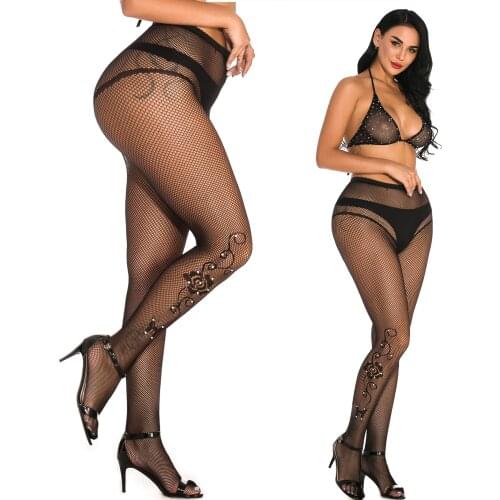 Women Sexy Bling Rhinestone Stockings Crystal Fishnet Net Mesh Tights Pantyhose Sexy Women Ultra-Thin Lace Pantyhose Crotchless