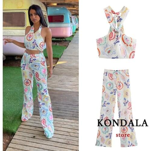 KONDALA Women Chic Floral Sexy Suits Za 2021 Halter Sleeveless Mujer Cropped Tops and High Waist Vintage Flare Pants Stylish Set