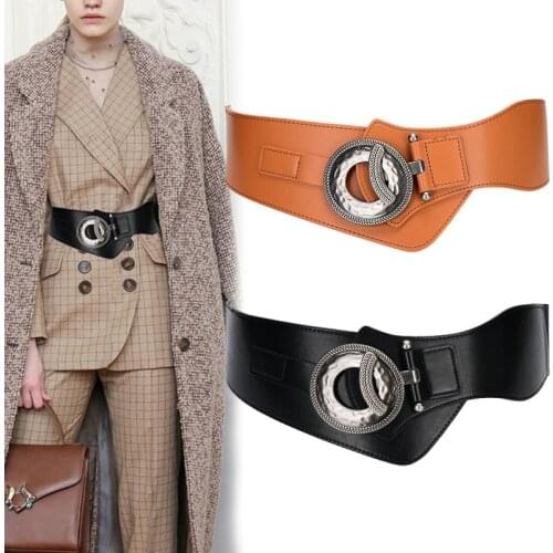 Genuine Leather Cummerbunds for Women Wide Waist sealing dress coat Decorate vintage alloy big buckle Belt Elastic waistbands