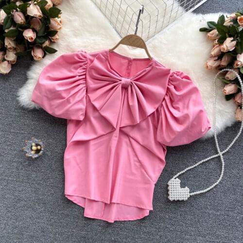 Age-reducing puff sleeve top womens big bow self-cultivation all-match temperament round neck shirt womens summer 2021