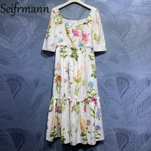 Seifrmann New 2021 Summer Women Fashion Runway Party Midi Dress Short Sleeve High Waist Ruffles Floral Printed Ladies Dresses