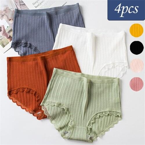 4PCS Seamless High Waist Womens Cotton Panties Solid Lace Briefs Underwear Female Soft Striped Plus Size Underpant Ladies Brief