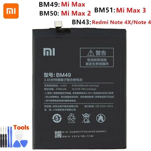 Xiao mi 100% Orginal BM49 BM50 BM51 BN43 Battery For Xiaomi Mi Max Max 2 Max 3 Redmi Note 4X/Note 4 Replacement Batteries +Tools