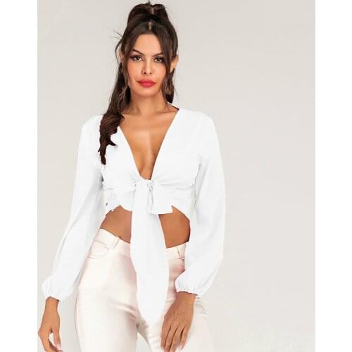 Ladies Summer White Blouses Short Tube Top Long Sleeve Slim V-neck Sexy Women Shirt Bow Girls Blouse Plus Size 3xl 4xl Hot Sale
