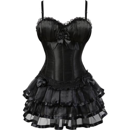 Black Sexy Burlesque Overbust Corset Dress Top With Cup Straps Bustiers Corsets Tutu Skirt Costumes Satin Body Shaper Lingerie